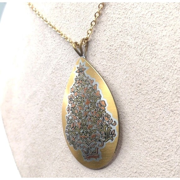 Reed & Barton 24k Gold Plate Silver Damascene Christmas Tree Pendant Necklace - Picture 5 of 10